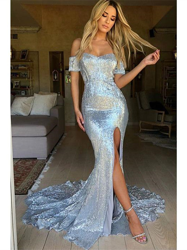 Sweetheart Long Prom Dresses, Off the Shoulder Side Slit Evening Dresses