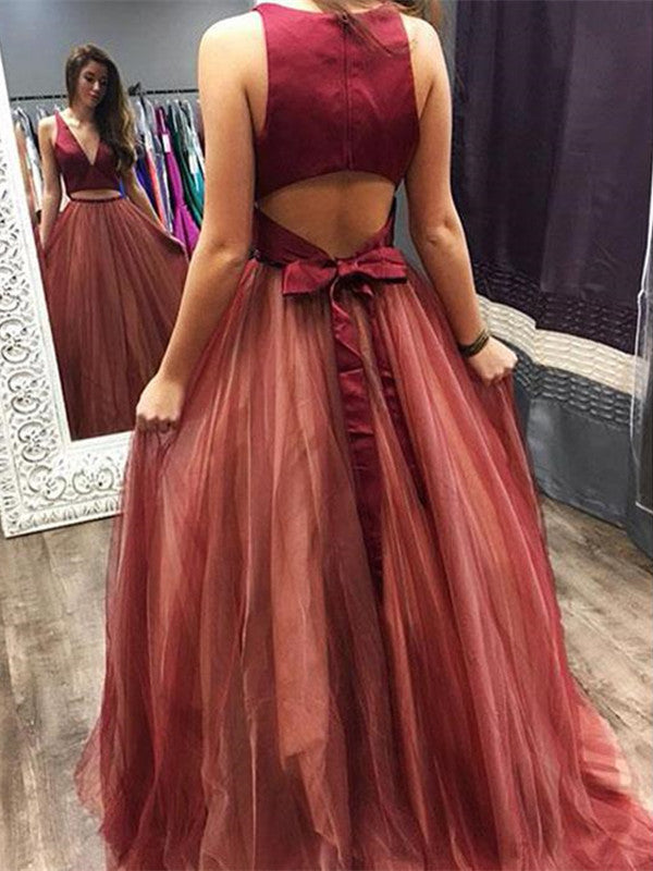 Long A Line Evening Party Prom Dresses, 2 Pieces V-neck Prom Dresses