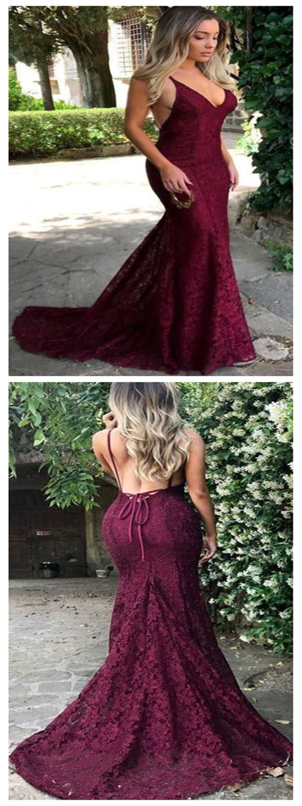 Burgundy Long Prom Evening Dresses, Mermaid Slit Halter Long Prom Dresses