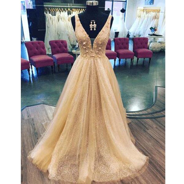 V-neck Sequin Tulle Handmade Flowers Prom Dresses