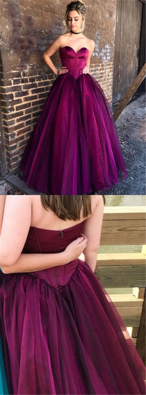 Sweetheart Long A-line Tulle Purple Prom Dresses