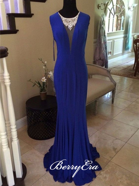 Sleeveless Royal Blue Fitted Jersey Beaded Prom Dresses