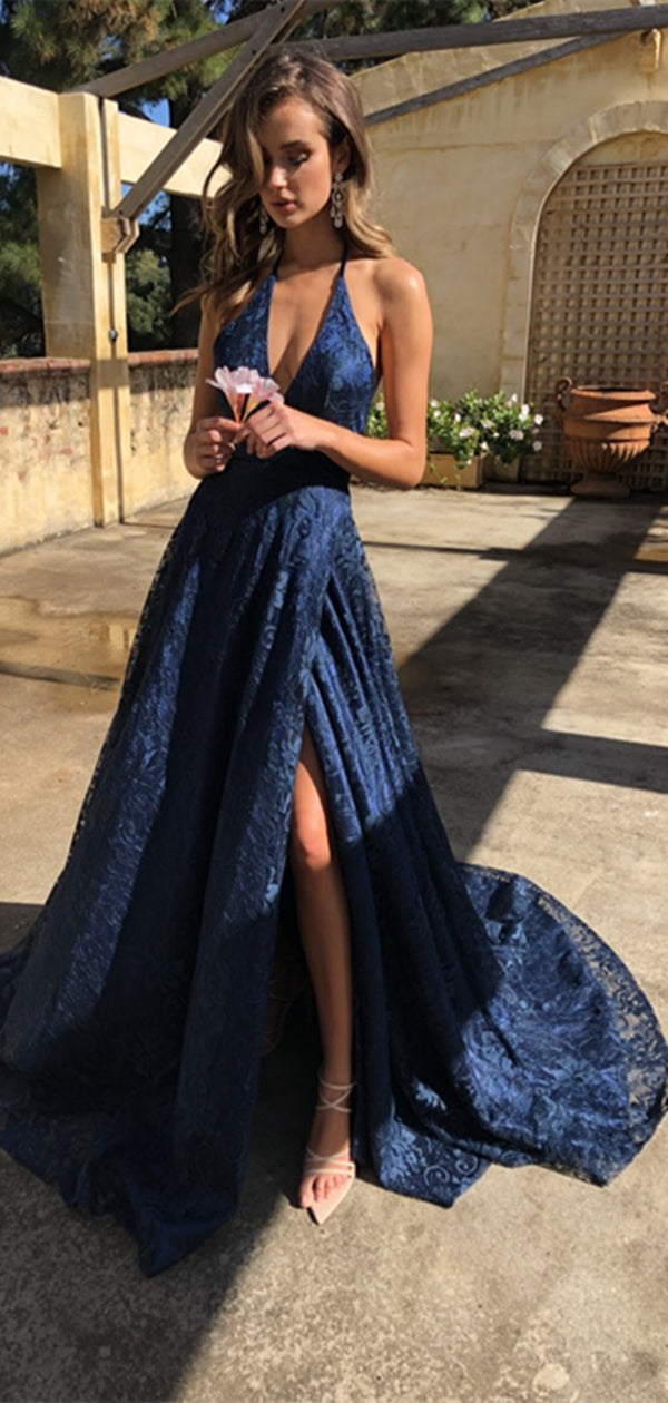 V-neck Navy Lace Prom Dresses, Popular Prom Dresses, Long Prom Dresses, Prom Dresses