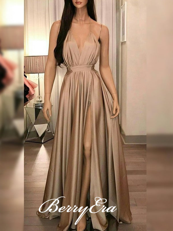 Spaghetti Long A-line Sexy Side Slit Prom Dresses