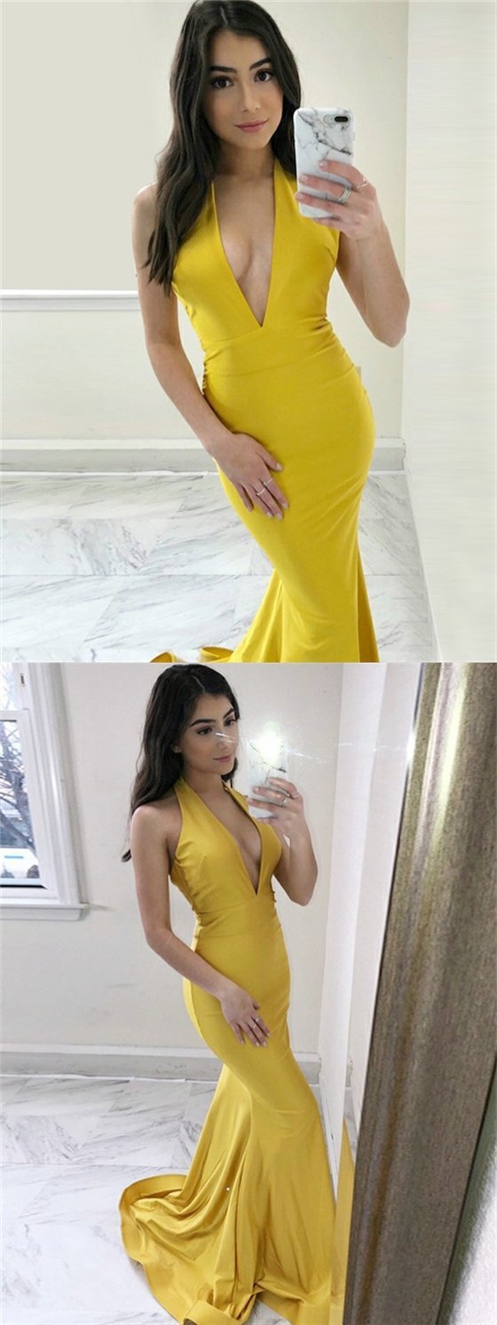 Yellow Mermaid Soft Satin Long Prom Dresses