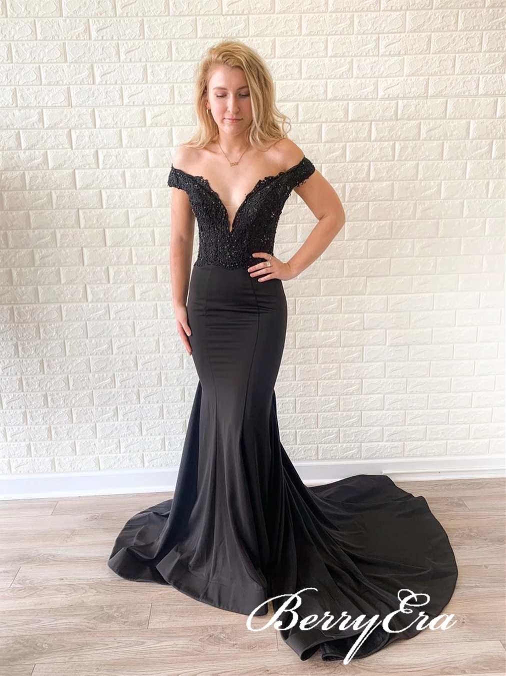 Off Shoulder Black Satin Lace Beaded Prom Dresses, Mermaid Prom Dresses, Popular Prom Dresses