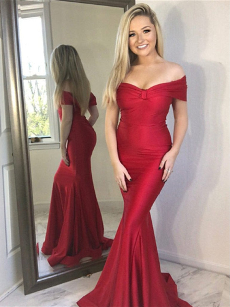 Off Shoulder Long Mermaid Red Prom Dresses, Soft Satin Long Prom Dresses