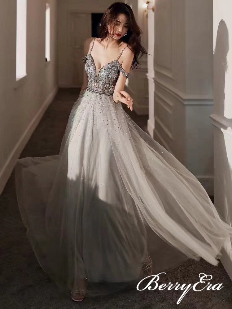 Spaghetti Long A-line Grey Beaded Tulle Long Prom Dresses, Popular Prom Dresses