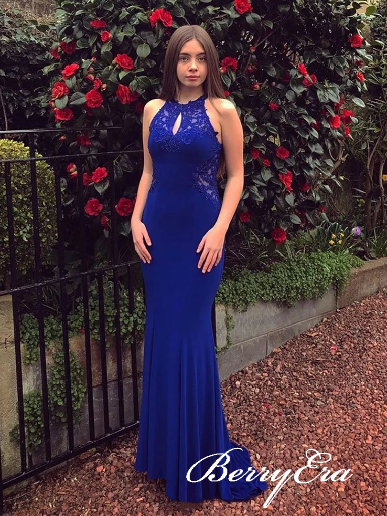 Keyhole Long Mermaid Royal Blue Prom Dresses, Jersey Lace Prom Dresses, Long Prom Dresses