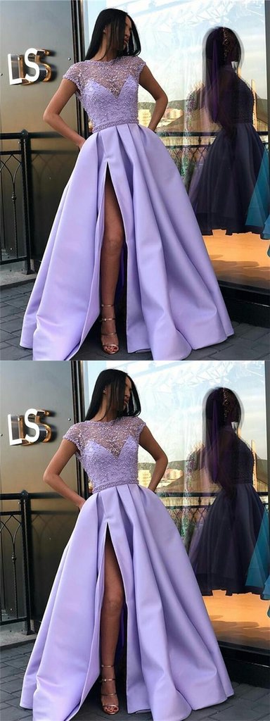 Cap Sleeves Long A-line Side Slit Beaded Satin Prom Dresses