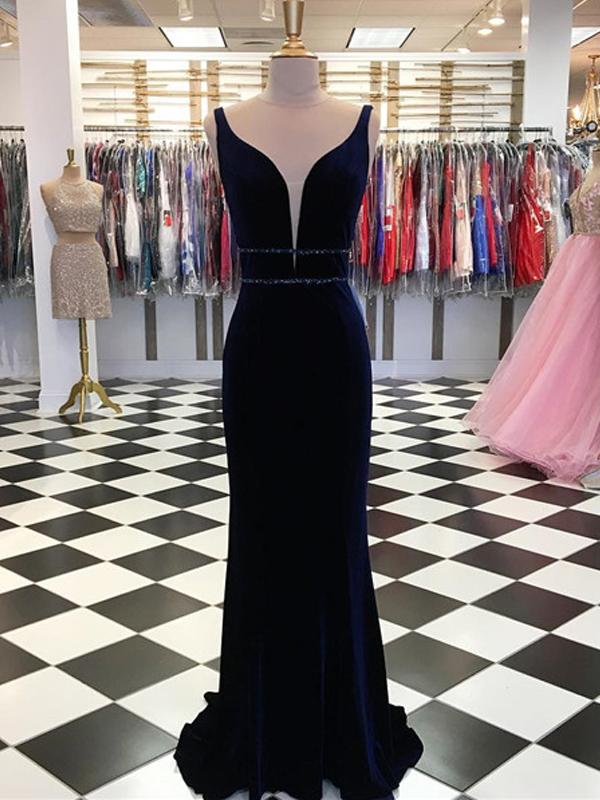 V-neck Navy Velvet Long Mermaid Beaded Prom Dresses