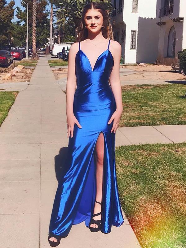 Sexy V-Neck Simple Side Slit Royal Blue Long Prom Dresses