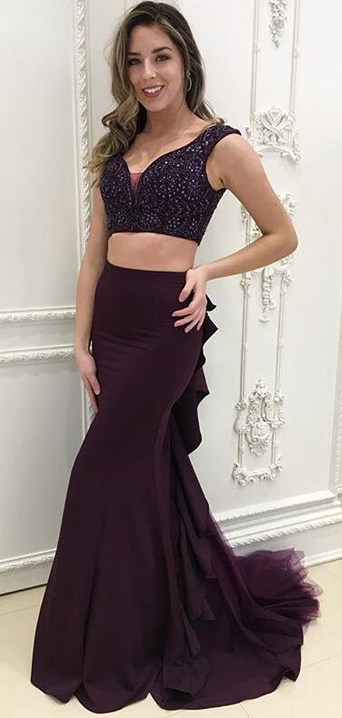 2 Pieces Long Mermaid Rhinestone Beaded Prom Dresses