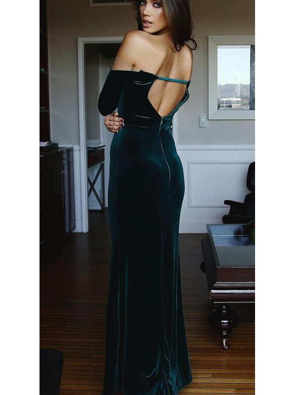 Emerald Green Long Sheath Velvet Long Sleeves Prom Dresses