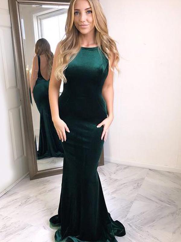 Long Prom Dresses Velvet Emerald Green Backless Evening Dresses