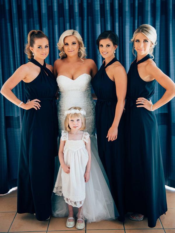 Navy Halter Long A-line Jersey Bridesmaid Dresses