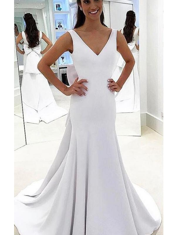 Long Mermaid Prom Dresses, V-neck White Evening Dresses