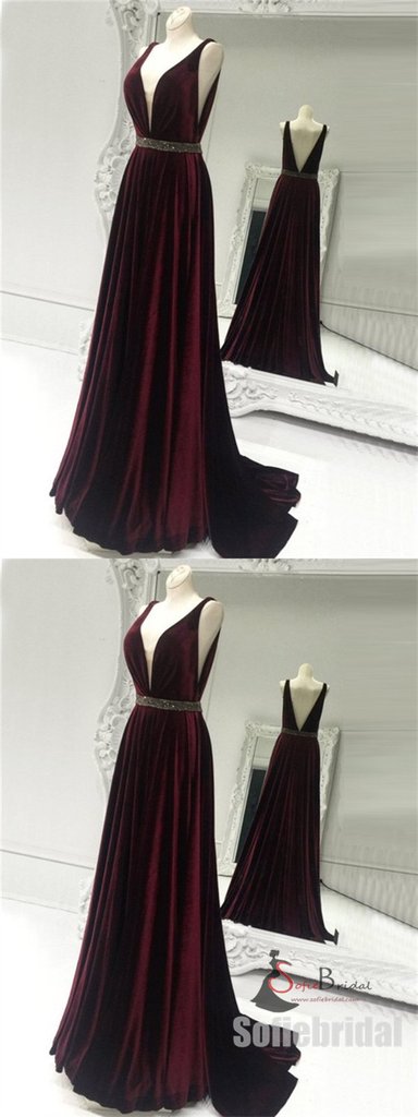 V-neck Velvet Long A-line Beaded Prom Dresses