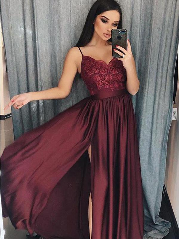 Maroon Long A-line Side Slit Lace Satin Chiffon Prom Dresses