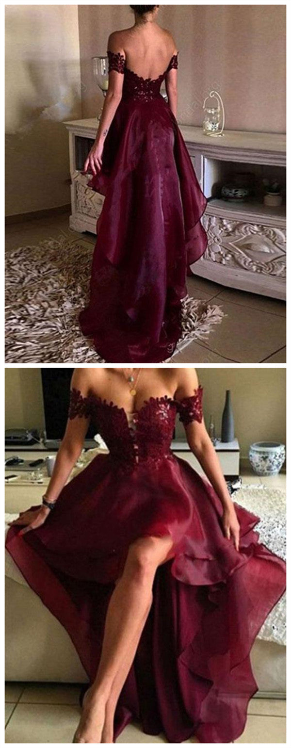 Organza Burgundy High Low Lace Prom Dresses, Off Shoulder Party Dresses