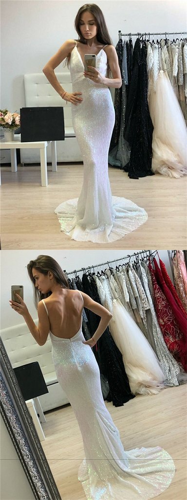 Spaghetti Long Mermaid White Sequin Prom Dresses