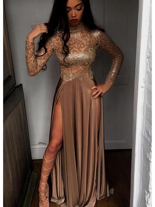 Long Sleeves Sequin Sexy High Side Slit Prom Dresses