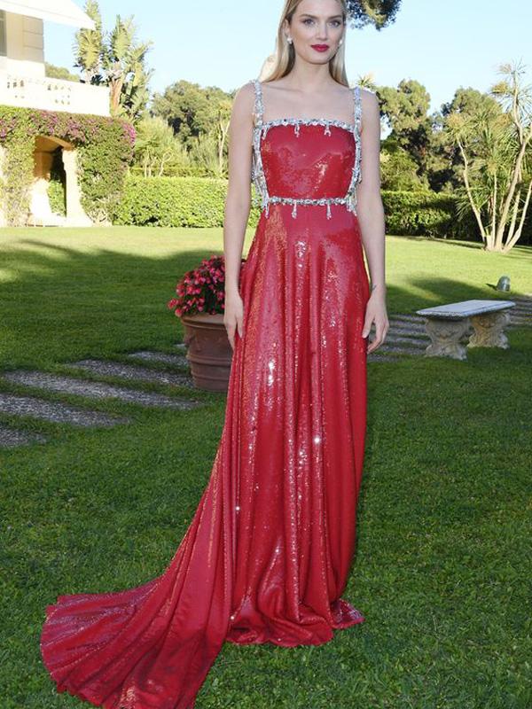 Straps Long A-line Red Sequin Prom Dresses, Evening Dresses