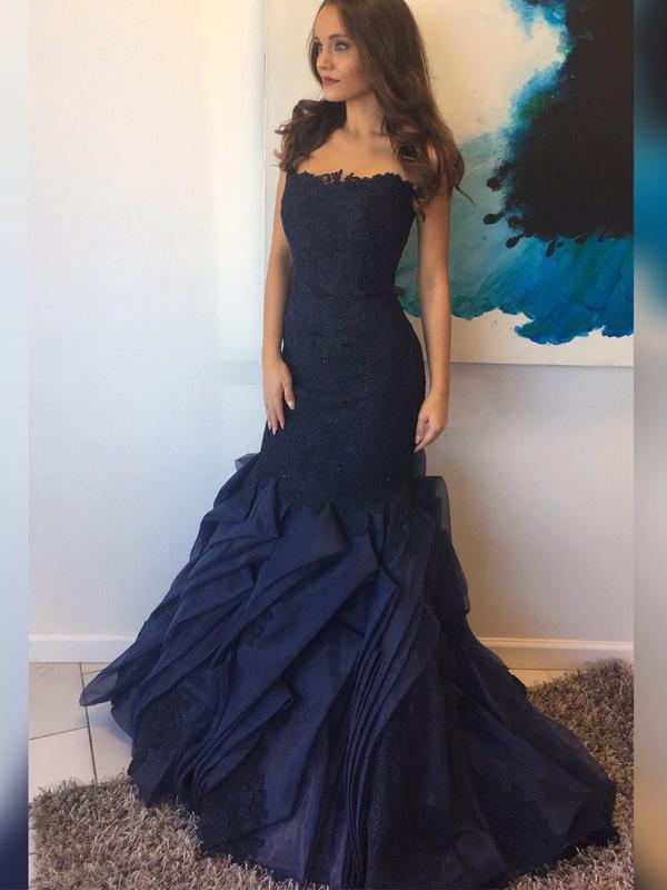 Long Mermaid Navy Lace Beaded Prom Dresses, Organza Sleeveless Long Prom Dresses