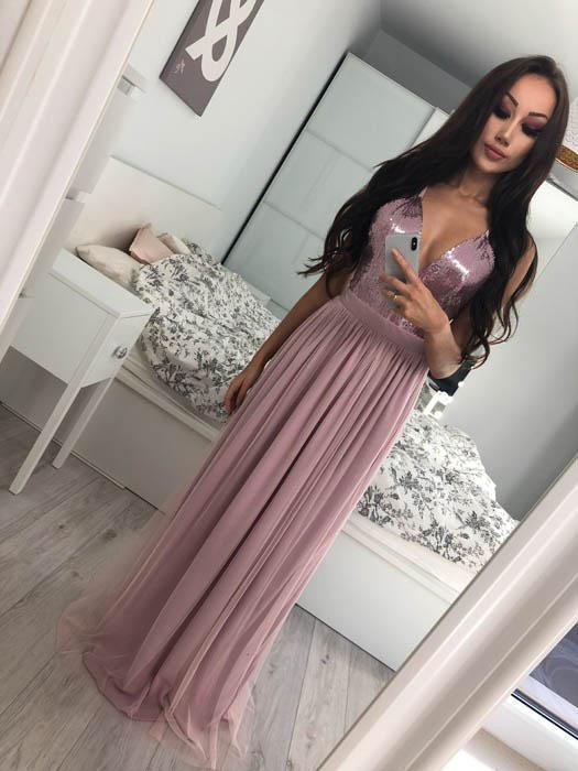 Long Evening Halter Side Slit Grey Sequin Tulle Prom Dresses