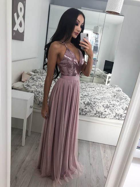 Long Evening Halter Side Slit Grey Sequin Tulle Prom Dresses