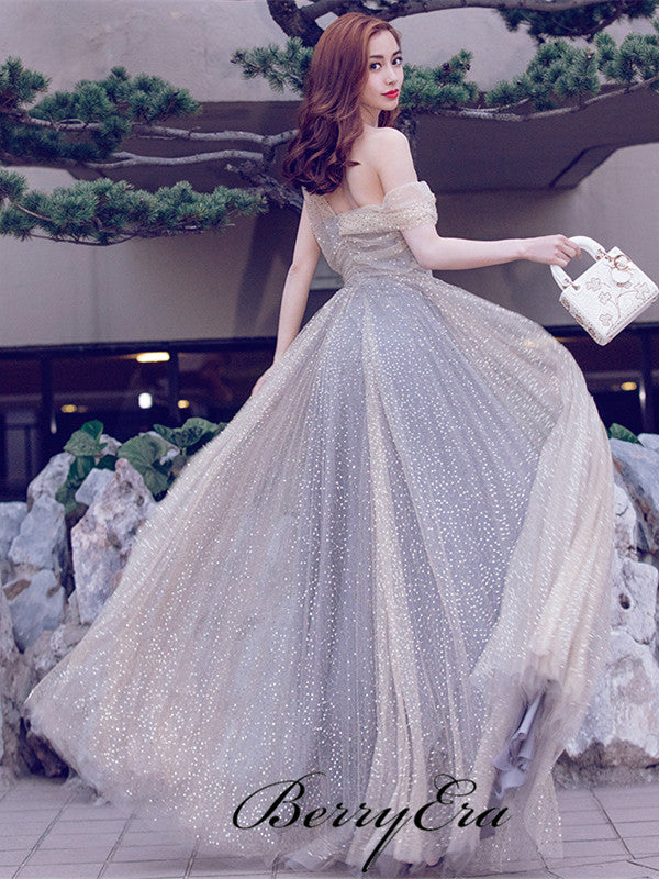 Off Shoulder Grey Beaded Sequin Prom Dresses, Long Prom Dresses, Brand Inspired Evening Gown