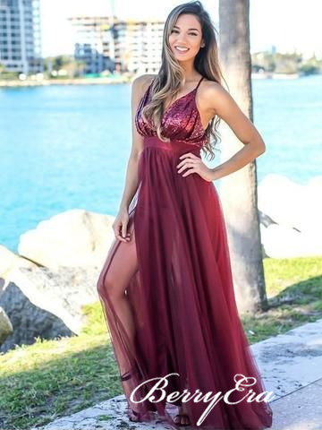 Spaghetti Long A-line Sequin Tulle Prom Dresses, Burgundy Prom Dresses