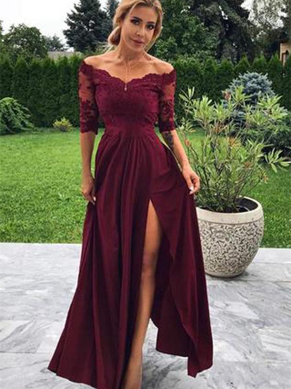 Off Shoulder Half Sleeves Lace Jersey Prom Dresses, Bridesmaid Dresses, Cheap Prom Dresses