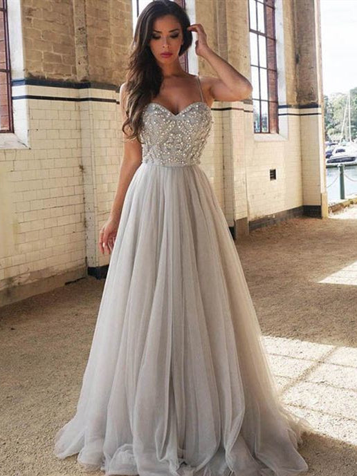 Spaghetti Long A-line Light Grey Tulle Beaded Prom Dresses,  Side Slit Prom Dresses, Popular Prom Dresses