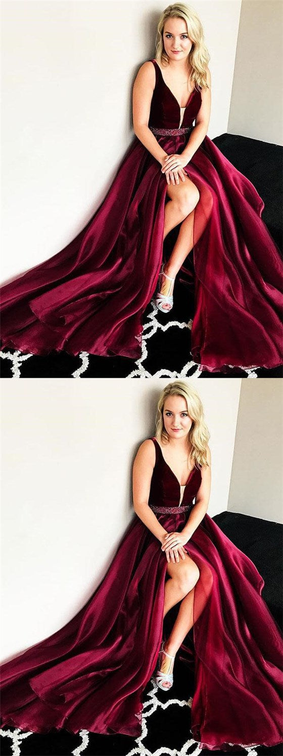 V-neck Dark Red Long A-line Beaded Organza Prom Dresses