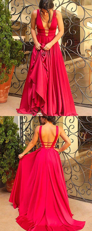 Long A-line Deep V-neck Simple Prom Dresses