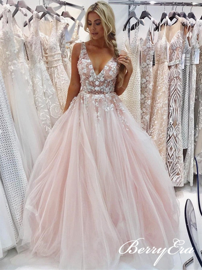 V-neck Blush Lace Appliques Beaded Long Prom Dresses, Prom Dresses