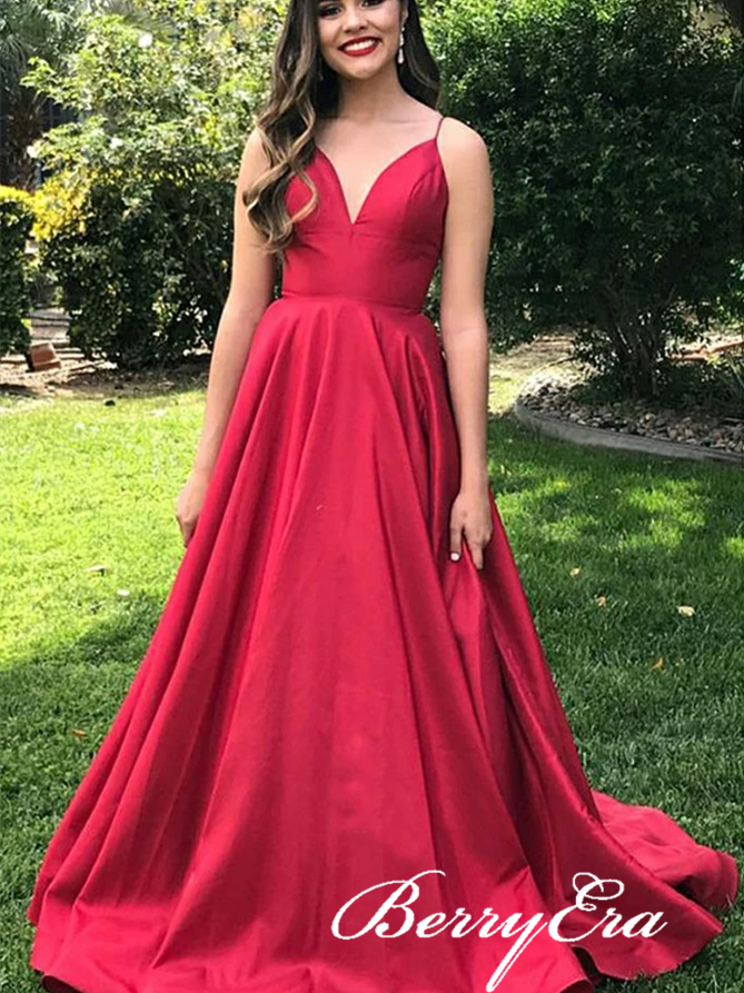 Spaghetti Long A-line Red Satin Prom Dresses, Simple Prom Dresses, Long Popular Prom Dresses