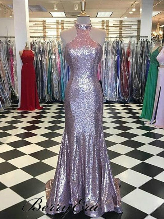 Halter Long Mermaid Prom Dresses, Rose Gold Prom Dresses, Shiny Prom Dresses