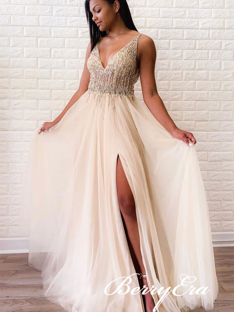 V-neck Beaded Long A-line Tulle Prom Dresses, Side Slit Prom Dresses, Long Prom Dresses