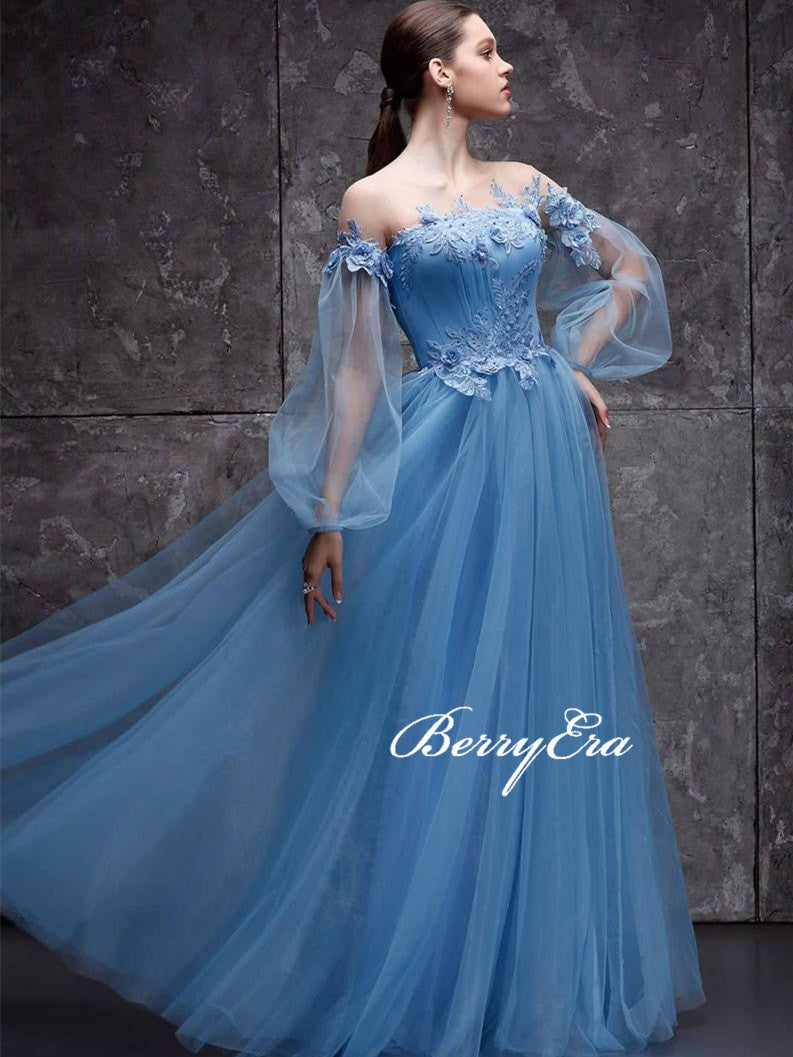 Off Shoulder Long Sleeves Blue Tulle Lace Prom Dresses, Lovely Prom Dresses, Affordable Prom Dresses