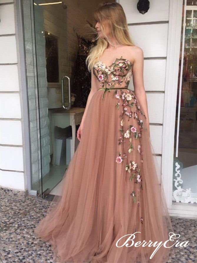 Sweetheart Long A-line Tulle Appliques Long Prom Dresses, Newest Prom Dresses