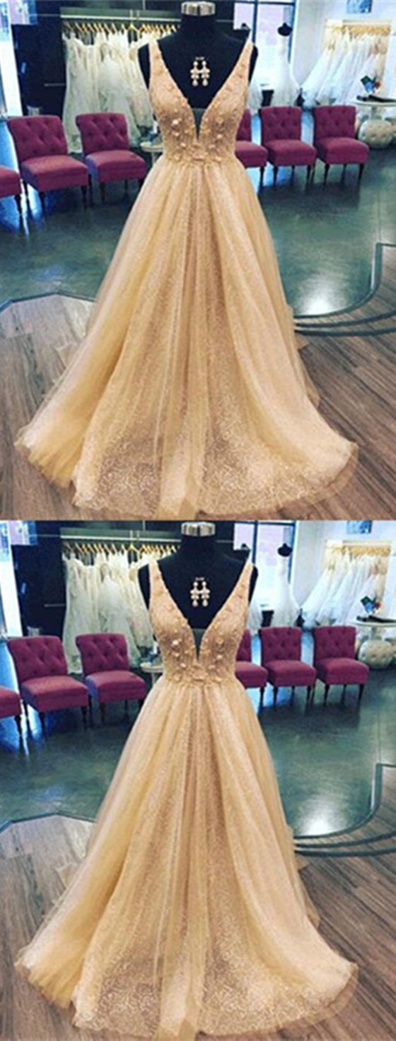 V-neck Sequin Tulle Handmade Flowers Prom Dresses