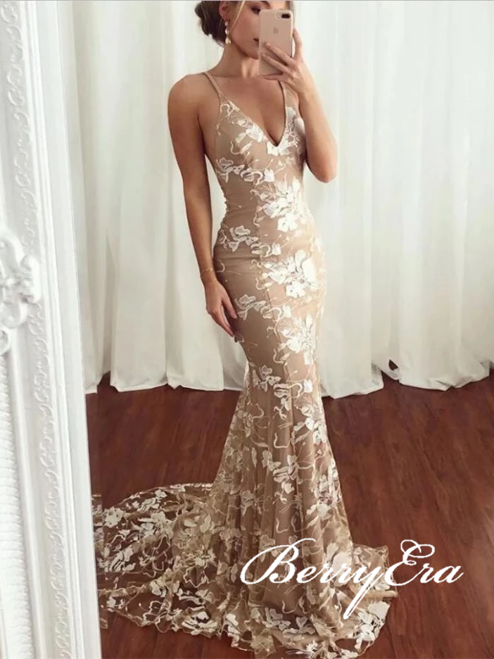 V-neck Long Mermaid Lace Prom Dresses, Backless Long Prom Dresses, Popular Prom Dresses