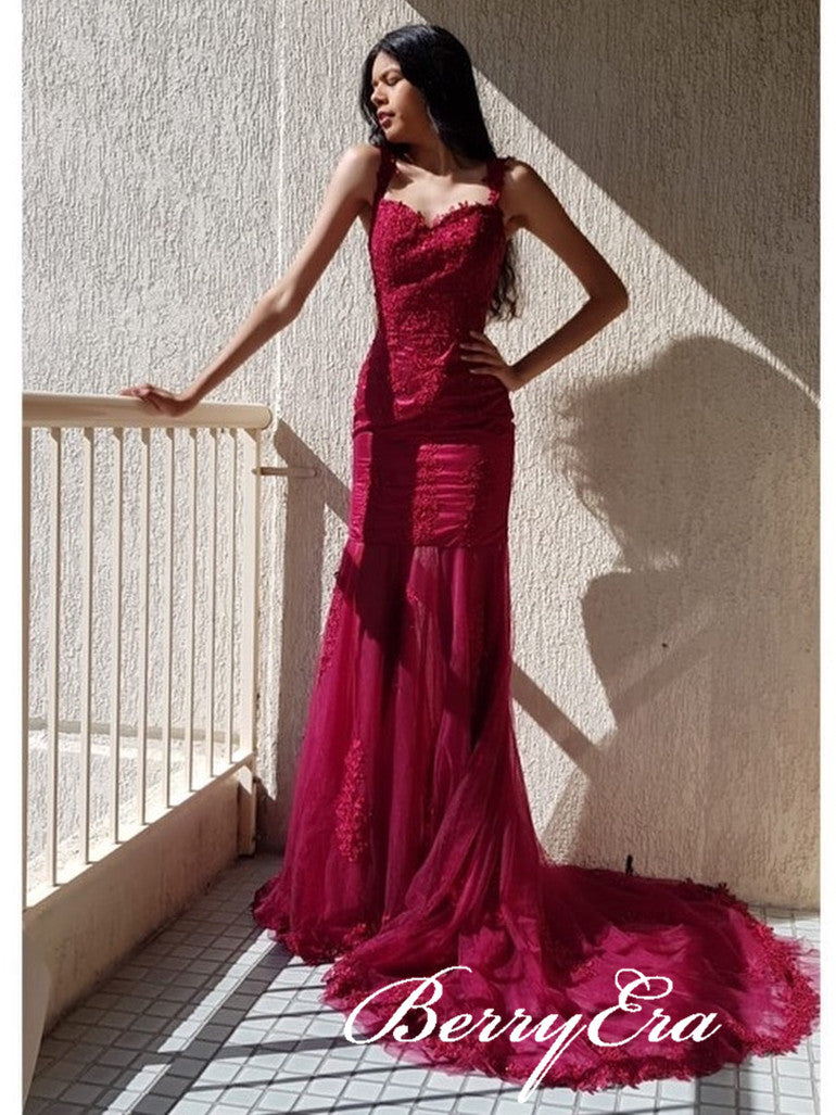 Straps Burgundy Long Prom Dresses. Mermaid Lace Tulle Prom Dresses, Popular Prom Dresses