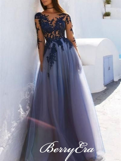 Long Sleeves Lace Tulle Prom Dresses, Popular Prom Dresses, Open Back Prom Dresses