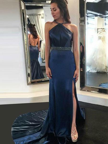 Long Sheath Navy Beaded Side Slit Prom Dresses