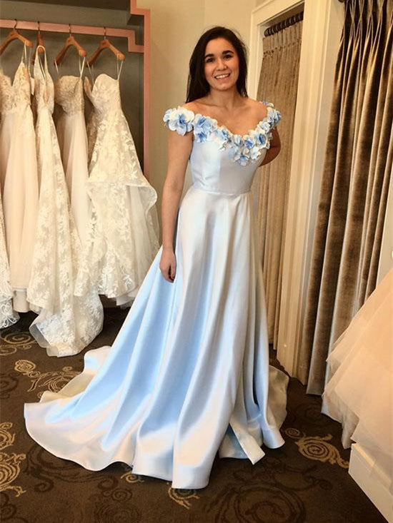 Off Shoulder Long A-line Light Blue Prom Dresses, Simple Prom Dresses, Prom Dresses