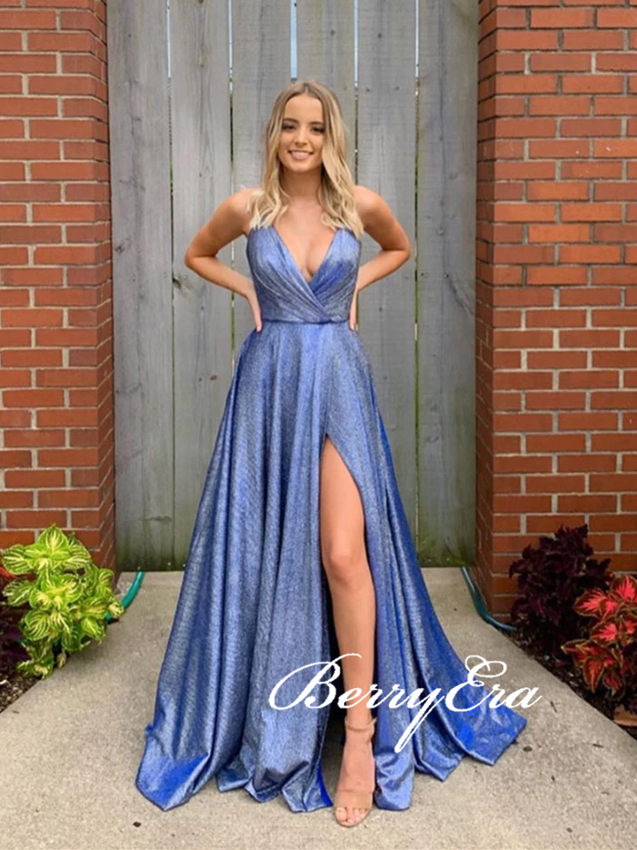 V-neck Long Prom Dresses, Side Slit Prom Dresses, Newest 2020 Long Prom Dresses, Affordable Prom Dresses