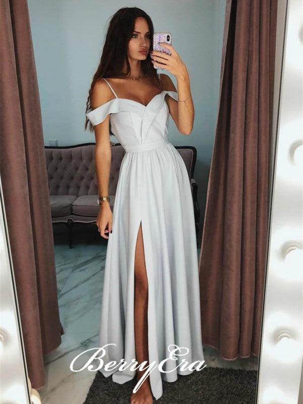 Off Shoulder Long A-line Light Grey Side Slit Prom Dresses